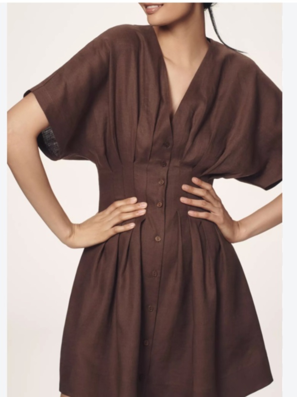Exquise Brown Button-Front V-Neck Mini Dress with Pleated Waist size Medium NWT